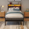 BORPHOM 3ft Single Bed Frame with Storage Wooden Headboard and Charging Station,Solid Metal Bed Frame with LED Lights,No Box Spring Needed,Strong Iron Platform Bed for Bedroom,Noise Free,Black