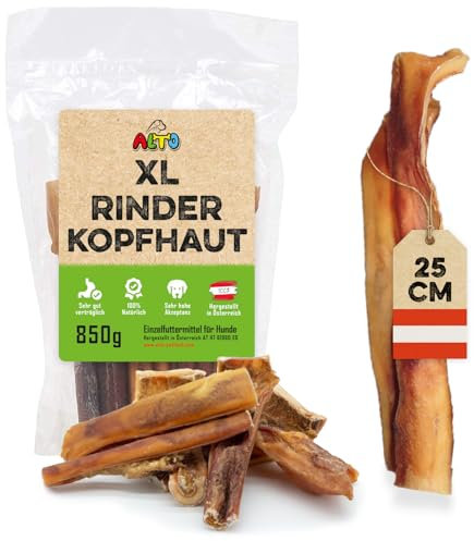 ALTO - Premium Rinderkopfhaut für große Hunde - 25cm Stücke - Hunde Kauartikel groß - Hundeleckerli für Zahnpflege Hund und Beschäftigung - 850g