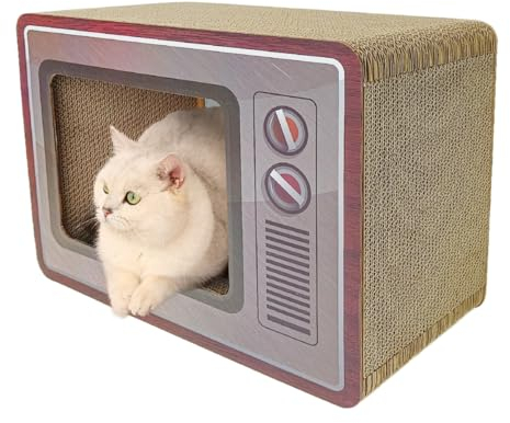 Heikoeco® Katzenhöhle mit Kratzbrett, 2-in-1 TV-förmiges Katzenhaus, Lounge Kratzpappe für Katzen aus Qualitäts-Pappe, Katzenspielzeug Kratzmatte für Indoor-Katzen als Möbelschutz