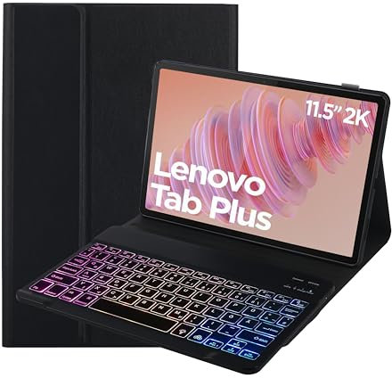 SUEEWE Tastatur Hülle für Lenovo Tab Plus TB351FU 11,5 Zoll 2024, TPU Rückseite Hülle mit 3 Bereich 7 Farbe Beleuchtete Abnehmbarer QWERTZ Tastatur, Schwarz