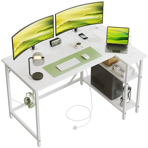 DOMSHOCT 120 * 70cm Corner Computer Desk with Power Outlets, Small L Shaped Gaming Table with Large Reversible Storage Shelves, Home Office PC Workstation with Hooks for Writing Study, White