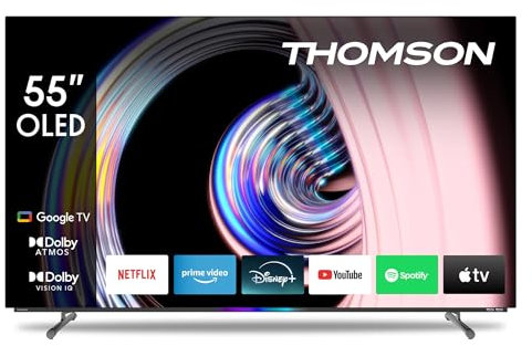 THOMSON 55 Pouces (139 cm) OLED 4K UHD Smart Google TV, Wi-FI, Dolby Vision IQ, Dolby Atmos, HDR10, Bluetooth 5.1, Triple-Tuner (Câble/Satellite/Antenne), HDMI, CI+, A+ Panneau – 55OG8S24–2025