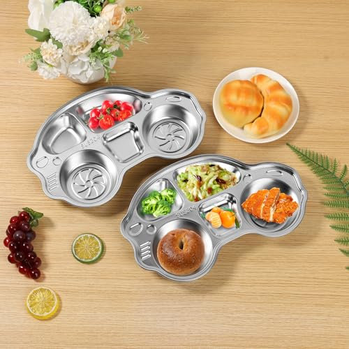 QINGLANG 2 st barntallrikar med 5 fack bilform måltidstallrik rostfritt stål barntallrik bil uppdelad måltidstallrik rolig bilformad tallrik för spädbarn, småbarn och barn