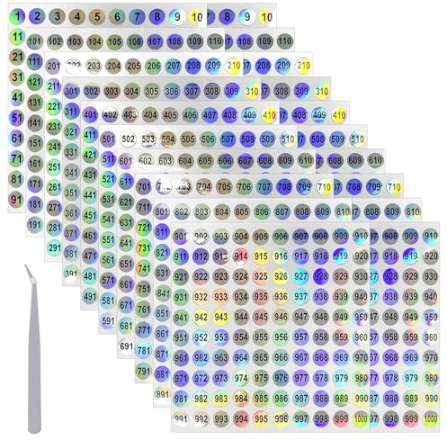 Xynovate 20 Feuilles 1 à 1000 Étiquettes Numérotées Auto-Adhésives, Chiffres Autocollants Réfléchissants, Amovibles Étiquettes Autocollantes Étanches Rondes pour Tri, Rangement, Classement