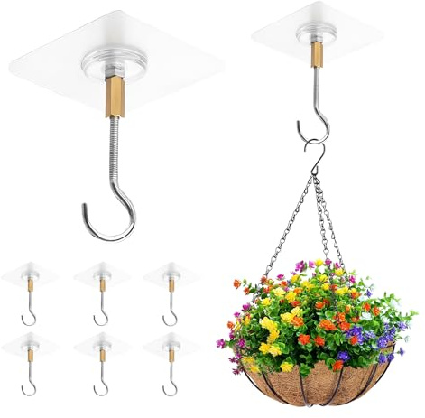Funver – Juego de 6 ganchos de techo adhesivos sin perforar, transparente, gancho de techo adhesivo duradero, soporte de acero inoxidable, práctico para plantas colgantes, cocina, cuarto de baño