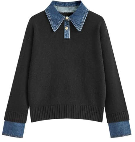 Generisch Maglione da donna a strati con colletto in jeans, maglione 2 in 1 con dettagli della camicia, elegante top per un look casual intelligente, Taglia unica