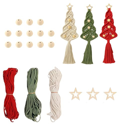 LUMOOM Juego de 3 piezas de macramé de Navidad, árbol de Navidad, decoración navideña, hilo de algodón, decoración navideña, juego de manualidades bohemio para adultos y niños (A)