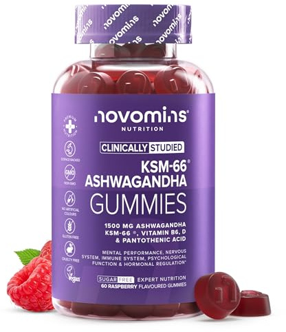 Ashwagandha KSM-66® 1500 mg, 60 Gummibitar, Sockerfri, Vegansk, Novomins | Med pantotensyra, vitamin B6 och D, glutenfri, utan GMO, 1 månads förbrukning, alternativ till ashwagandha tabletter, KSM-66