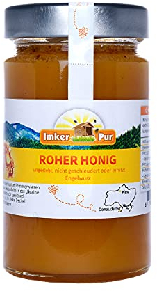 Miel cruda de ImkerPur, 400 g, sin filtrar, no centrifugada o calentada, contiene polen de flores, cera de abeja, propóleos, pan de abejas y jalea real