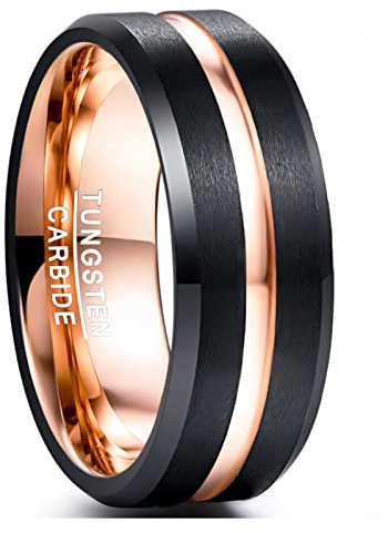 NUNCAD Bague Homme/Femme Noir et Or Rose en Tungstène, 8mm Anneau avec Rainure Fiançailles Alliance, Taille 62(19.7)