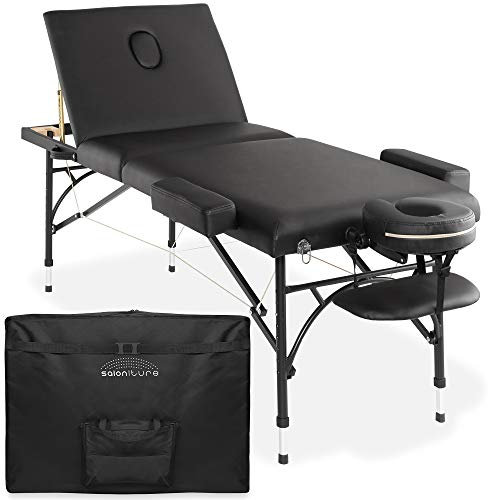 Saloniture Professional Portable Lightweight Tri-Fold Massage Table with Aluminum Legs - Includes Headrest, Face Cradle, Armrests and Carrying Case - Black