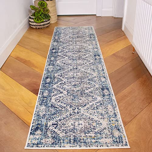 Boho Aztec Navy Blue Trellis Antique Style Runner Rug Distressed Oriental Bedside Kitchen Island Hallway Rugs 60cm x 240cm