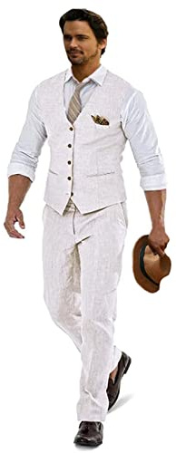 Linen Suits for Men 2 Piece Suits Groomsmen Tuxedos Summer Beach Wedding Suits Casual Prom Vest and Pants Set Ivory-L