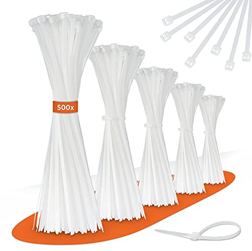 G-Clipps – 500er Profi Kabelbinder weiß Set–Stabiles Nylon Kabelbinderhalter 5 Größen [100/140/160/200/300mm], 18kg Tragkraft
