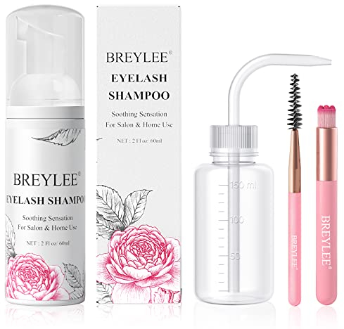 BREYLEE Lash Shampoo, 60ml+Rinse Bottle+Wand+Brush, Eyelash Extension Cleanser for Extensions, Lash Wash, Lash Bath, Lash Cleaner, Paraben & Sulfate Free for Salon and Home Use