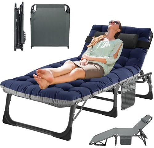 MOPHOTO 4-Fach Faltbarer, Gartenliege, Sonnenliege 190 x 68 x 20 cm, max. Belastbarkeit 200 kg, mit Matte, Kopfstütze und Tragetasche, Home-Office, Urlaub, Krankenhaus,campingliege