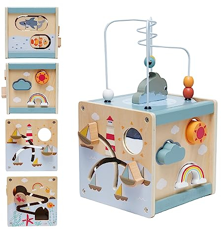 Nukdey Motorikwürfel Aktivitätswürfel aus Holz 6 in 1Montessori Spielzeug Steckspiel Holz Lernspielzeug Steckwürfel Sortierspiel Holzspielzeug für Kinder Activity Center Baby ab 3 Jahr (Ozean)
