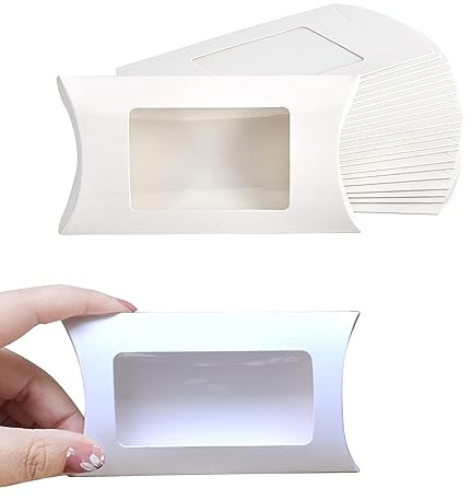 40 st vitt papper minikudde förpackningsbox med klart fönster, låda godis presentförpackning för bageri godis choklad smycken display bröllopsfest gåva (kraft, 12,7 x 7,6 x 2,0 cm)