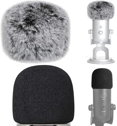 VIZEMO 2 microfoni antivento in schiuma per microfono con rivestimento peloso, filtro anti-pop per microfono Blue Yeti, Blue Yeti Pro USB (confezione da 2) (Fuzzy-Black White + Black Foam)