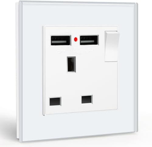 BSEED Single Switched Socket with Two USB Charging Ports, UK Standard Electric Power Sockets with Glass Panel, 1 Gang Wall 13A Socket, White