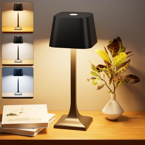 Nulmvic Lampara de Mesa Inalámbrica - 5200mAh Lámpara Mesa LED Recargable Táctil Brillo Ajustable 3 Temperaturas de Color - Aluminio IP54 Impermeable para Interior Exterior Noche Jardin (Negro)
