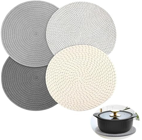 Topfuntersetzer Hitzebeständig, 4 Stück Topfuntersetzer Set Untersetzer Baumwolle Faden Weben Matte Heißer Topf Halter Topflappen, Teller Untersetzer Rund für Esszimmer, Büro, Küche, Hotel