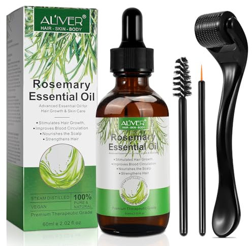 Huile de Romarin pour Cheveux 60 ml avec Derma-roller 0.25mm, 100% Pure Huile Essentielle de Romarin pour Cils, Sourcils, Visage, Soins de la Peau, Massage du Corps, Stimule la Croissance