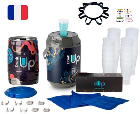 DRINK UP MAX décor TROPICAL - Tireuse Portative pour Toutes Boissons - 20 Verres + Plateau bois + enceinte Bluetooth - Boissons fraîche 20h - Transportable - Évènement, pique-nique