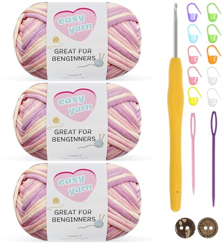 Chunky Crochet Yarn 3-Pack 50g - Cotton Yarn for Beginners with 3.5mm Hook - Thick Wool Amigurumi Starter Kit