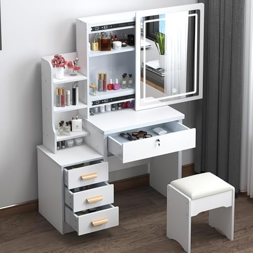 warkul Coiffeuse avec Miroir et Tabouret, Coiffeuse avec Miroir LED, luminosités réglables, Miroir Coulissant, Table de Maquillage avec 4 tiroirs et 6 étagères de Rangement