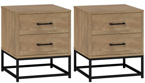 HOMCOM Set di 2 Comodini Camera da Letto con 2 Cassetti, Coppia di Comodini Stile Industriale in Legno e Acciaio, Tavolini per Divano, Soggiorno, Salotto e Camera, 40x39.5x48 cm, Colore Legno