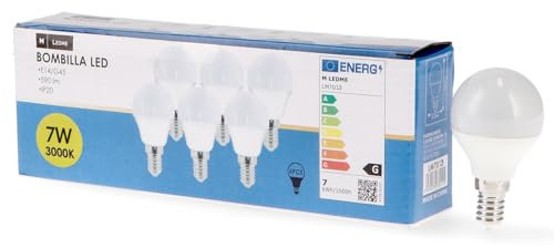 M Ledme - Confezione da 6 lampadine LED E14 G45 7W, luce calda (3000k), attacco E14, 630 lumen, IP20, apertura fascio luminoso 200°, efficienza energetica e basso consumo. Modello LM7609