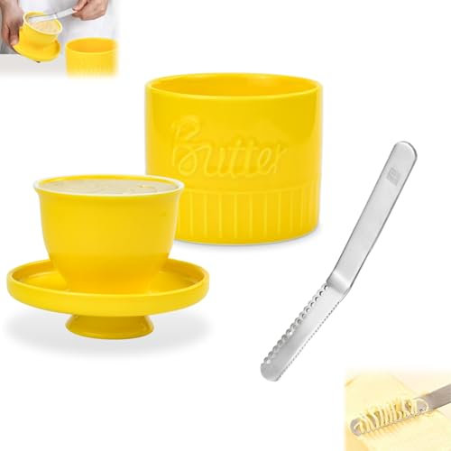 HWSWSH Pot à Beurre en Porcelaine avec Grattoir et Couvercle, Beurrier en Céramique, Support de Récipient à Beurre pour Beurre Frais à Tartiner de 140 ml, Pot à Beurre pour Comptoir (Jaune)