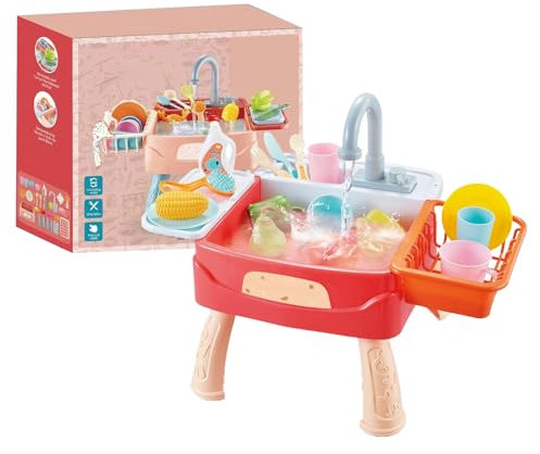 Évier de Jeu Enfant, Évier pour avec Eau Courante, Système Automatique de Cycle d'eau Accessoires Lave-Vaisselle Inclus Jouets Éducatifs d'Imitation pour Pratique