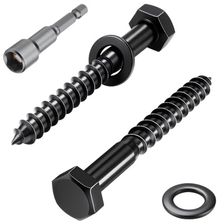 qjuwhua sexkantskruvar M8 x 100 mm hexagon träskruvar svart 304 rostfritt stål A2 V2A skruvar i rostfritt stål trä nyckelskruvar med brickor och hylsnyckel 10-pack