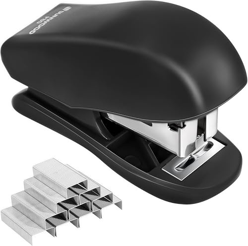 Perriuox Mini Effortless Stapler, Office Desktop Small Stapler, 2-25 Sheet Capacity, with 480 Standard Staples, Cute Compact Travel Size for Office School (1, Black)