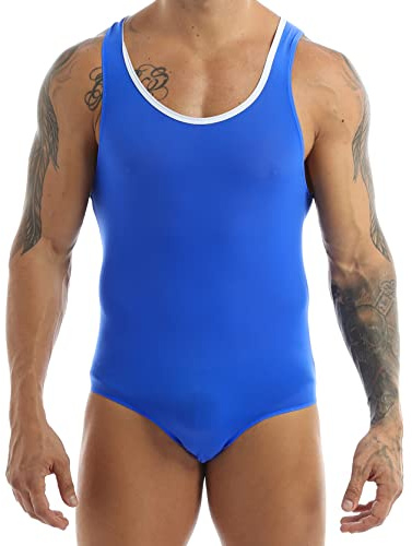 inlzdz Men's Smooth Seamless One Piece Wrestling Singlet Vest Tank Top High Cut Leotard Bodysuit Blue XL