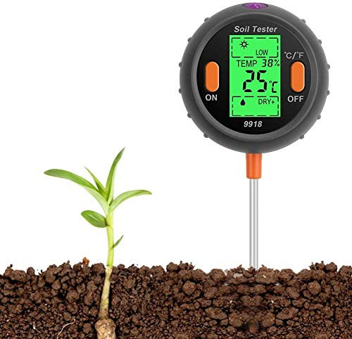 Medidor de pH del Suelo,Professional 4 In1 LCD Temperature Sunlight Moisture PH Garden Soil Tester Meter, Medidor de Humedad para Plantas, Jardín, Granja, Interior, Exterior