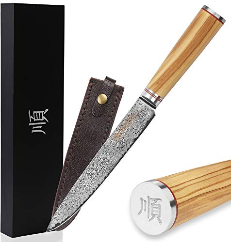 YOUSUNLONG Coltello da intaglio giapponese Sushi Sashimi Knife 8 pollici （20,32 cm） - 67 strati di acciaio damasco Legno d'ulivo italiano con fodero in pelle
