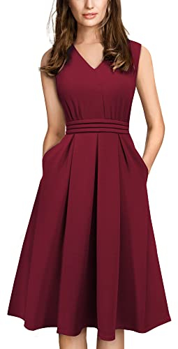 HOMEYEE Damen Vintage 50er Ärmellos Cocktail Retro mit Pocket Flared Kleid A196 (M, Dunkelrot)