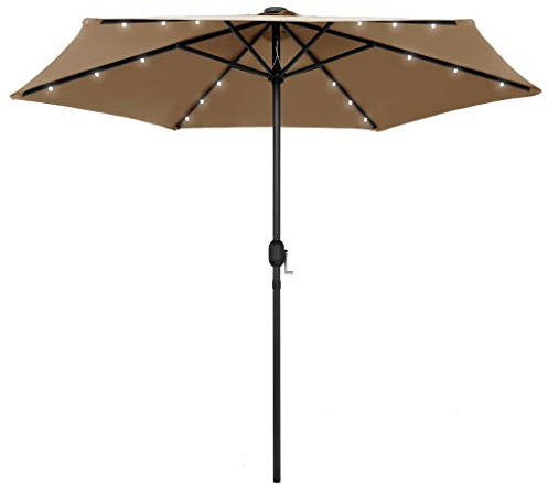 QZZCED Parasol with LED Lights and Aluminum Pole,Including 24 LED lights and 1 solar panel and 6 ribs,for Terrace, Backyard, Garden, Courtyard, Swimming Pool, Lawn,106.3 Taupe