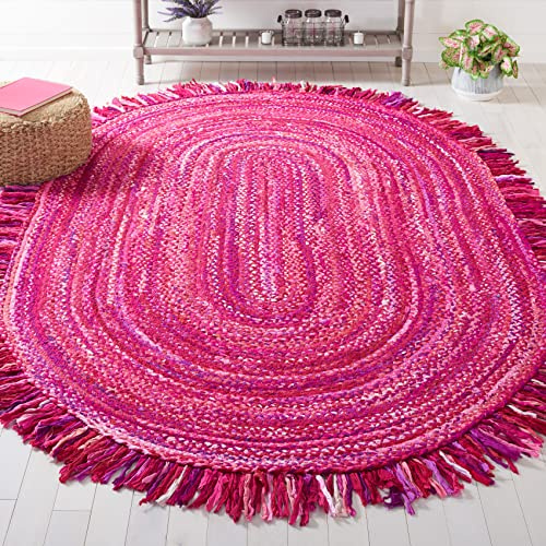 SAFAVIEH Braided Collection Area Rug - 3' x 5' Oval, Pink & Fuchsia, Handmade Boho Fringe Reversible Cotton, Ideal for High Traffic Areas in Living Room, Bedroom (BRD451U)
