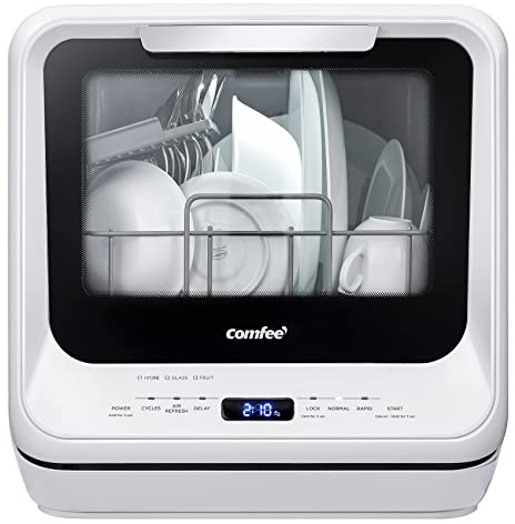 COMFEE' Portable Dishwasher Countertop with 5L Built-in Water Tank, No Hookup Needed, 6 Programs, 360° Dual Spray, 192℉ High-Temp& Air-Dry Function, Mini Dishwasher for RVs, White