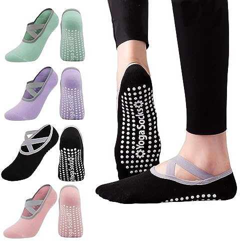 Yoga strumpor, 4 par yogastrumpor, dam, halkfria strumpor, greppstrumpor med remmar, pilatesstrumpor, stoppstrumpor för balett, pilates, dansträning med kudde