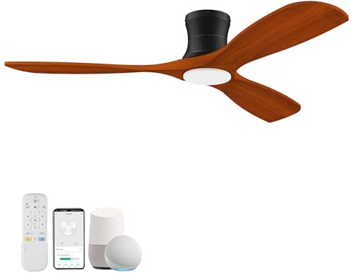 Livory 52” Wood Smart Low Profile Ceiling Fan with Lights Remote, Quiet DC Motor, Outdoor Indoor Flush Mount, Voice Control via WIFI Alexa App, Modern Dimmable Lighting for Bedroom Patio