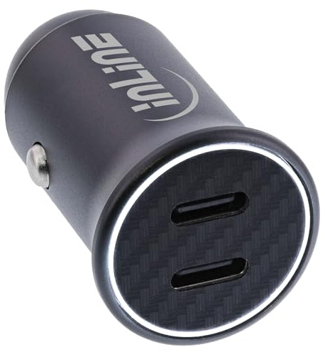 InLine Caricabatterie da auto USB-C da 33 W, 4,8 A, 2 x USB-C Dual con luce LED bianca, accendisigari, Power Delivery 3.0, per iPhone/Pro/mini, iPad Pro/Air/mini, Galaxy e altri, 31502Y