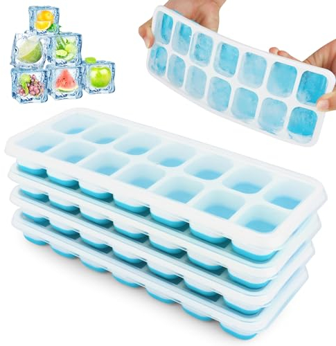 4 Pezzi Stampo Cubetti di Ghiaccio con Coperchio,Vassoio per Cubetti di Ghiaccio, Impilabili Vaschette Ghiaccio, Stampi per Ghiaccio, Base Flessibile, per Congelatore, Whisky, Cocktail (Blu)