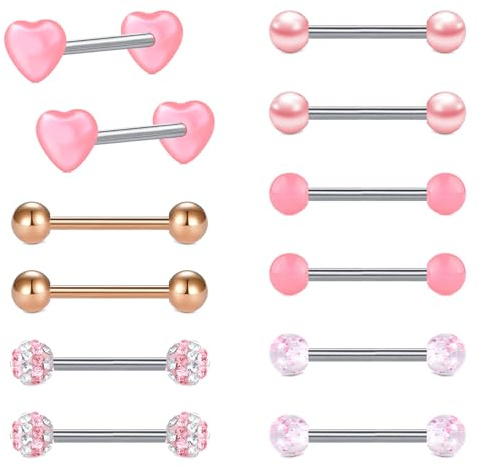 LAURITAMI 6 Pairs Tongue Bars Nipple Piercing 14G Stainless Steel 14mm Straight Barbell Body Piercing Jewelry
