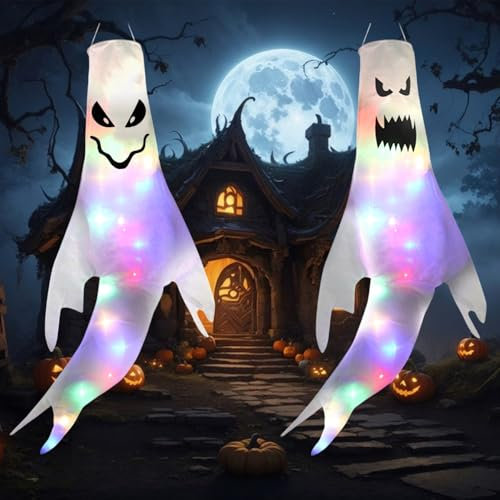 GZGXKJ 2pcs Halloween Suspendus Fantôme Décoration Manches à Air d'halloween Esprit Suspendu 50 x 120 cm avec 2 Lampes LED Deco Exterieur Halloween pour L'intérieur et L'extérieur