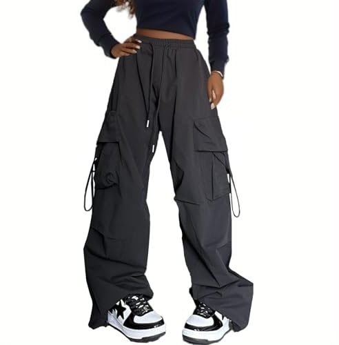 Xinor Cargohose Damen Y2k High Waist Baggy Parachute Pants mit Taschen Wide Leg Hose Streetwear Freizeithose